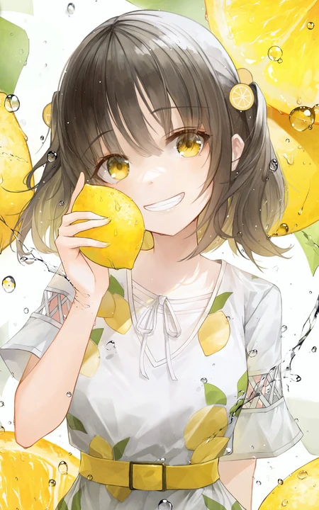 手拿柠檬贴脸的可爱束腰裙动漫美少女高清2K插画手机壁纸图片