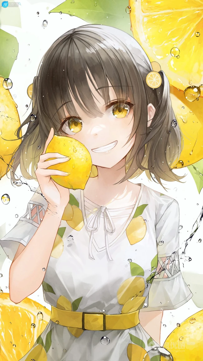 手拿柠檬贴脸的可爱束腰裙动漫美少女高清2K插画手机壁纸图片