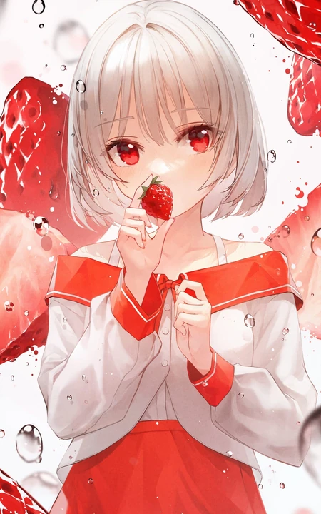 手拿草莓亲嘴的可爱海军裙动漫美少女高清2K插画手机壁纸图片