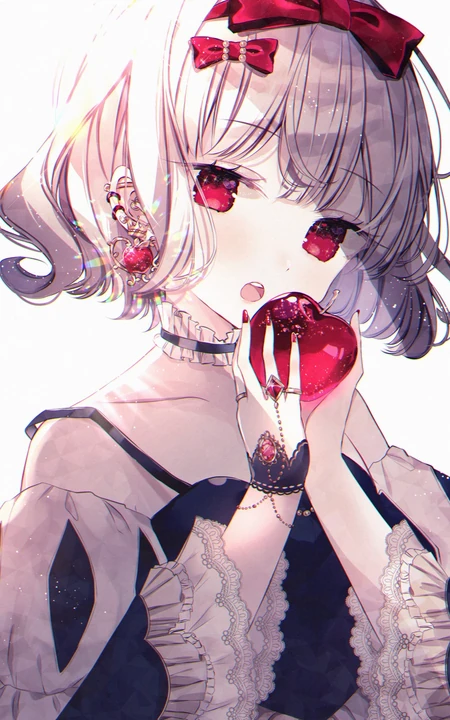 手拿红色玻璃苹果的短发动漫美女高清插画手机壁纸图片