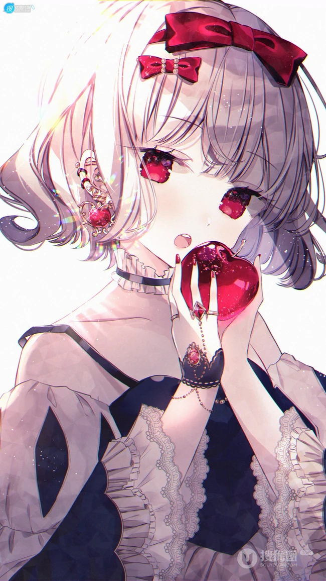 手拿红色玻璃苹果的短发动漫美女高清插画手机壁纸图片