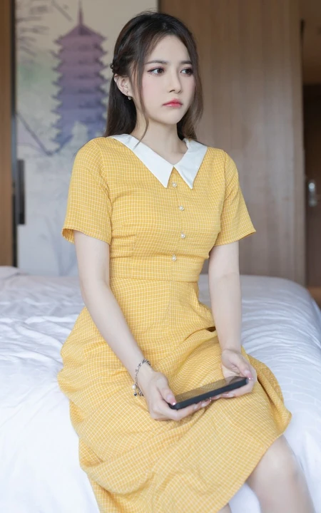 漂亮可人女生小姐姐鱼子酱橘黄色清新连衣裙户外及室内好看写真套图