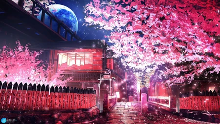 浪漫的樱花，街道，日式建筑，夜景 唯美动漫场景插画美图手机壁纸