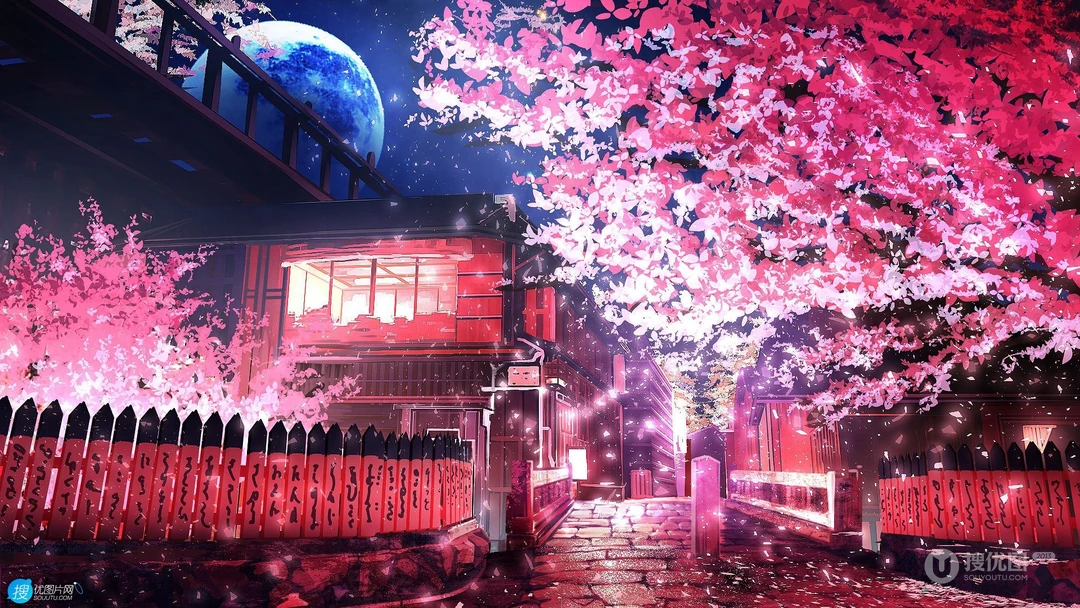 浪漫的樱花，街道，日式建筑，夜景 唯美动漫场景插画美图手机壁纸