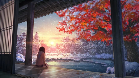 雪花纷纷的清晨，一个坐在古木建筑门前的少女唯美动漫场景插画壁纸图片