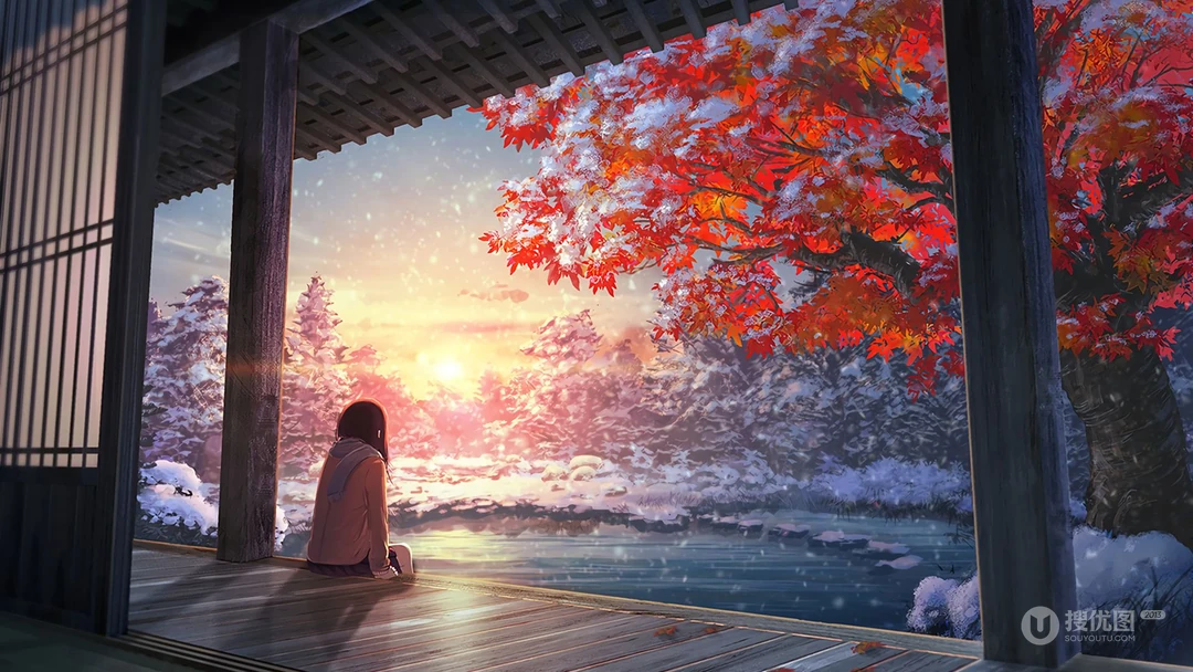 雪花纷纷的清晨，一个坐在古木建筑门前的少女唯美动漫场景插画壁纸图片