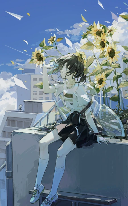 坐在种满向日葵天台边的二次元短裙长筒袜少女高清插画手机壁纸图片