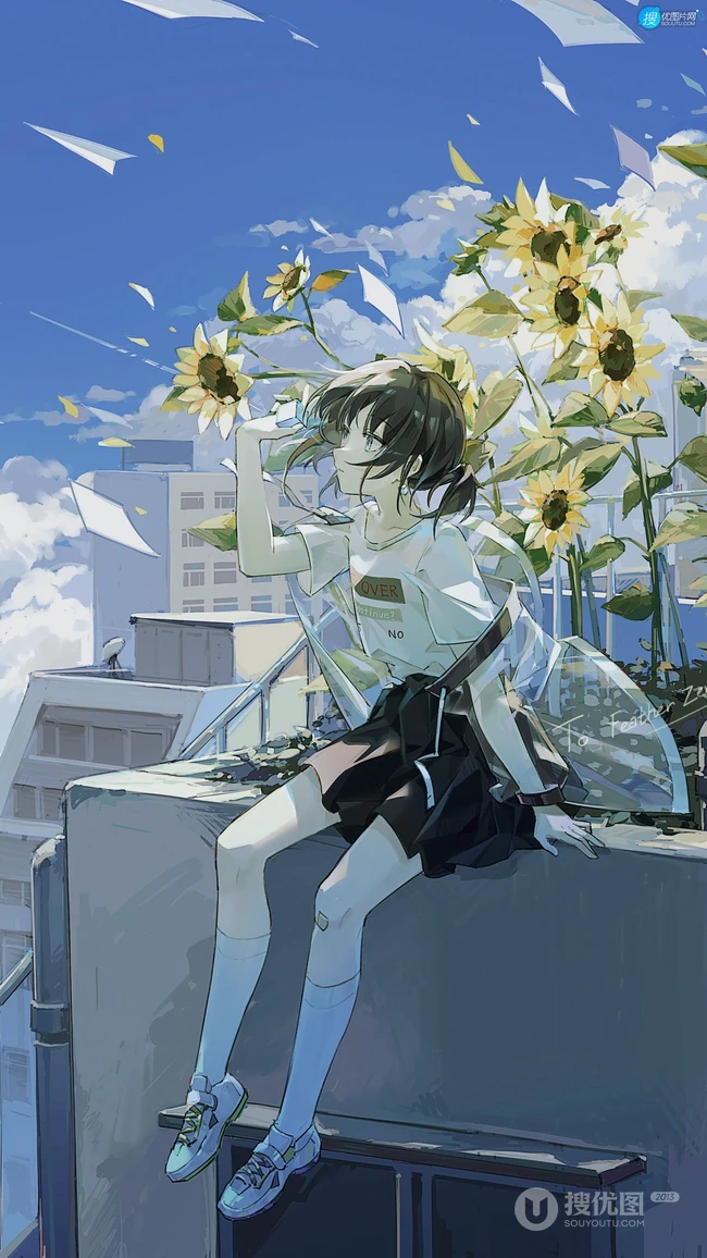 坐在种满向日葵天台边的二次元短裙长筒袜少女高清插画手机壁纸图片