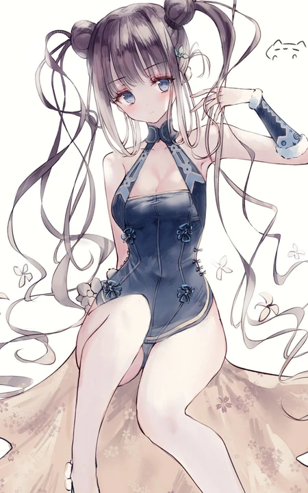修长秀发，双丸子头 二次元性感裙装美少女高清手机壁纸图片