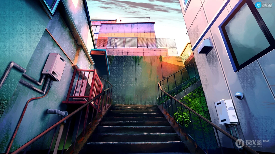 扶梯，楼梯，建筑，空调外机等动漫场景插画手机壁纸图片