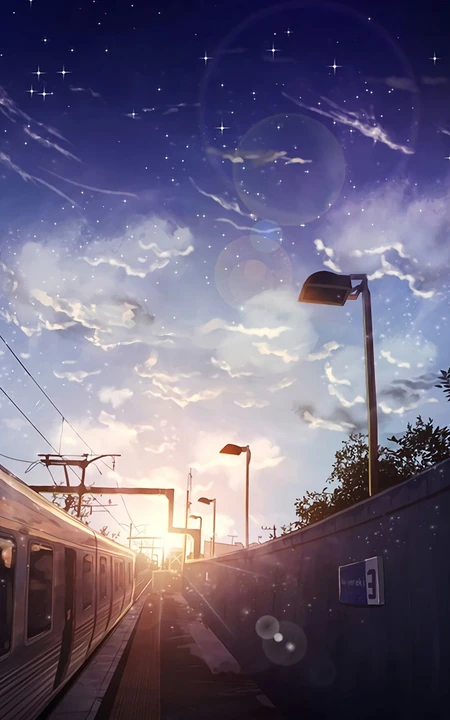 黄昏落日的铁路，火车，路灯，白云等唯美动漫场景插画手机壁纸图片