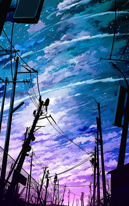 电线杆，电线，路边的少年，唯美二次元场景插画美图手机壁纸图片