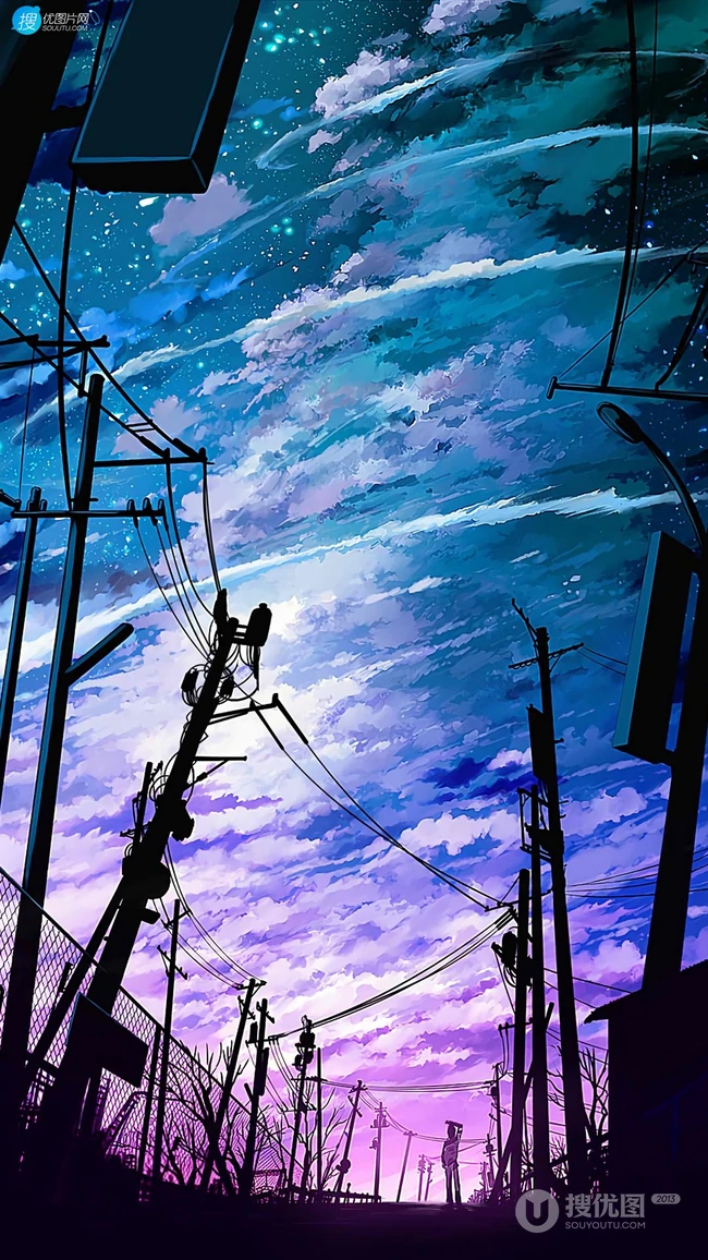 电线杆，电线，路边的少年，唯美二次元场景插画美图手机壁纸图片