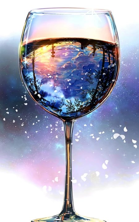 高脚杯，杯中世界 ，杯中景，唯美二次元高脚杯创意插画手机壁纸图片