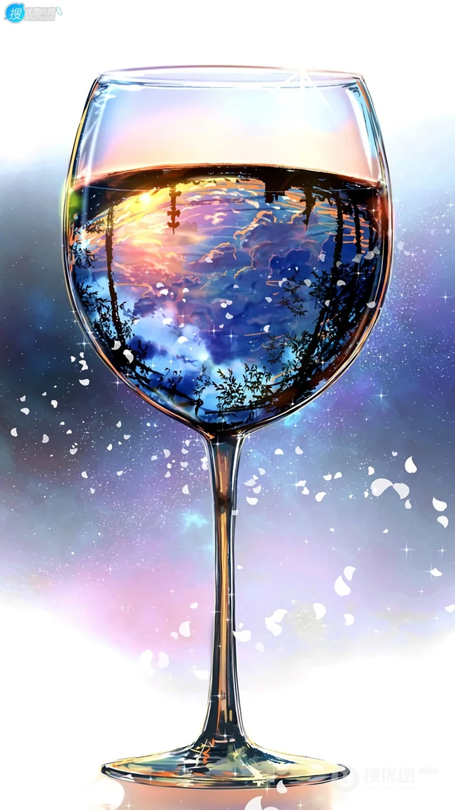 高脚杯，杯中世界 ，杯中景，唯美二次元高脚杯创意插画手机壁纸图片