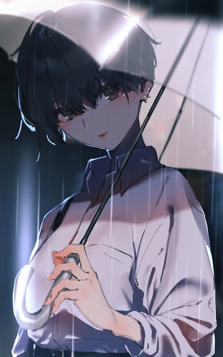 下雨天，撑着一把雨伞的动漫短发美女御姐高清2k手机壁纸图片