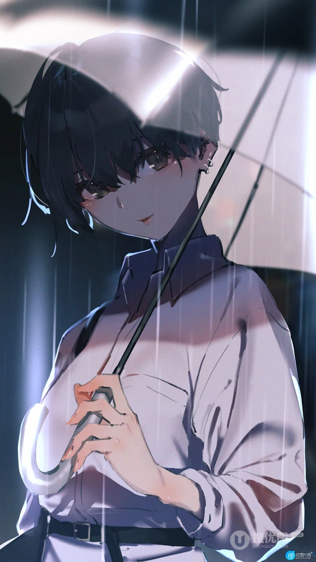 下雨天，撑着一把雨伞的动漫短发美女御姐高清2k手机壁纸图片