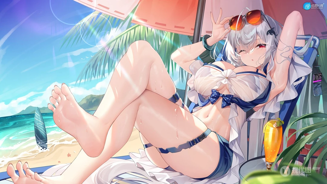 夏日沙滩美女，躺在沙滩伞下的大汗淋漓性感动漫美女高清壁纸图片
