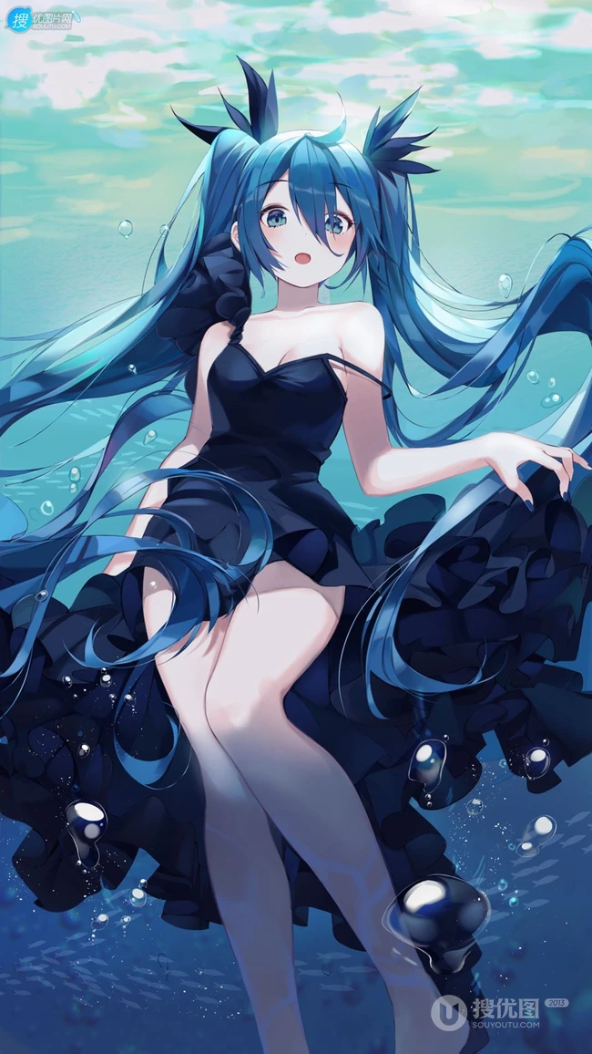 海中黑裙动漫美腿少女高清插画手机壁纸图片