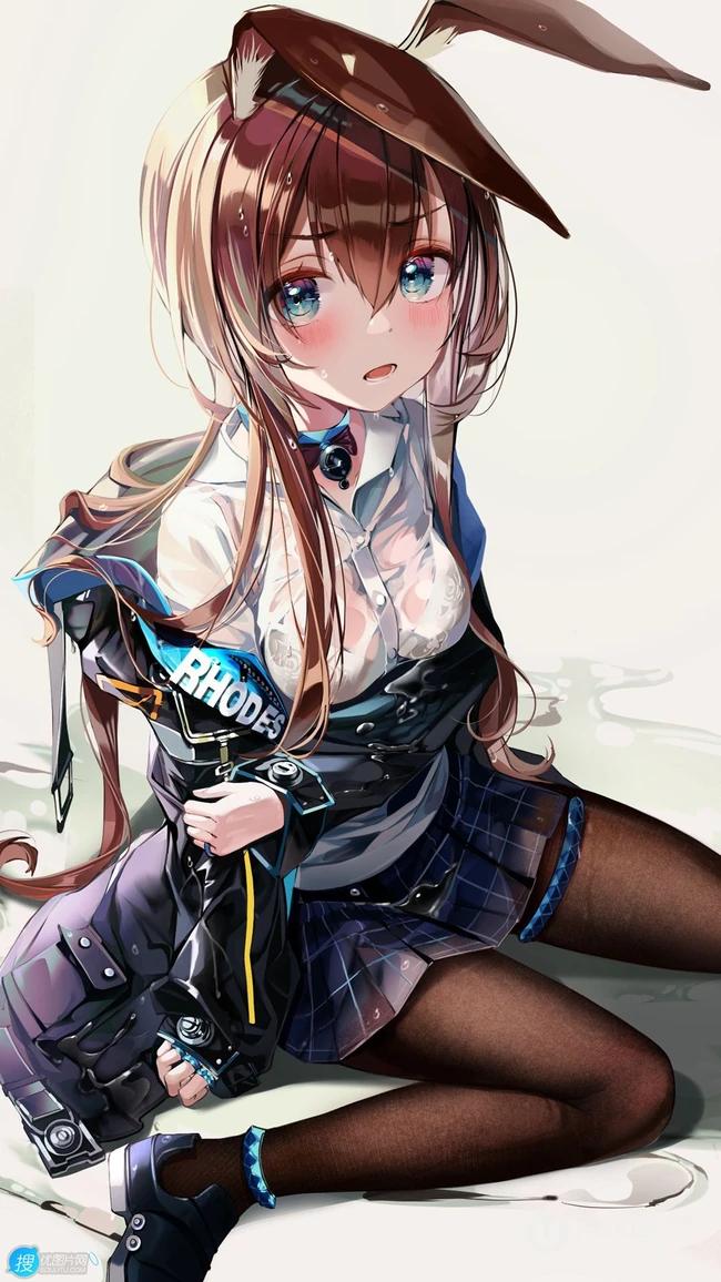 兔耳朵二次元动漫长袜穿搭JK制服短裙少女高清插画手机壁纸图片