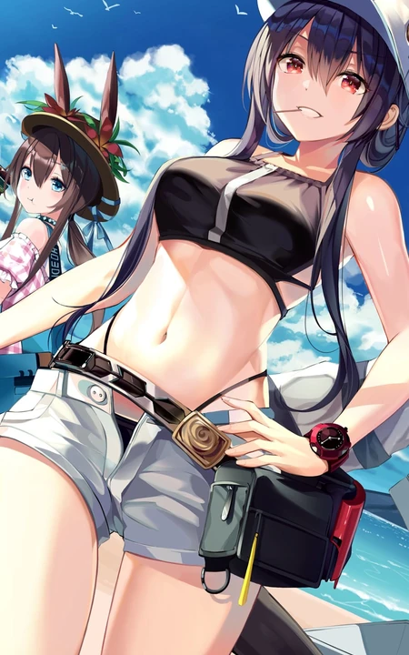 青春活力火辣的二次元动漫夏日美少女露脐装短裤清凉插画手机壁纸图片