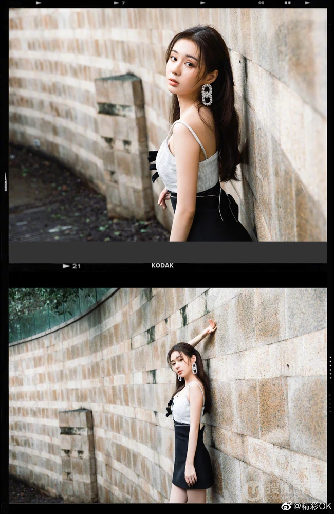 郑合惠子黑白拼接肩带裙穿搭复古胶片质感旅拍写真美照