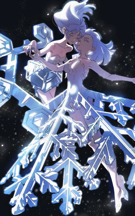 悬浮在空中的两个冰花精灵动漫少女唯美插画手机壁纸图片