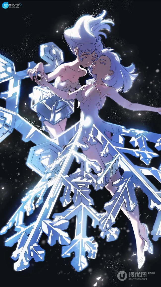 悬浮在空中的两个冰花精灵动漫少女唯美插画手机壁纸图片