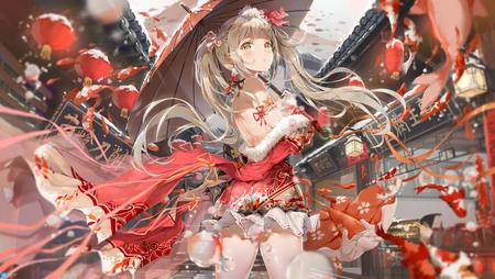 手拿红伞的美背短裤中国风，古风，古典动漫美少女唯美街边插画壁纸图片