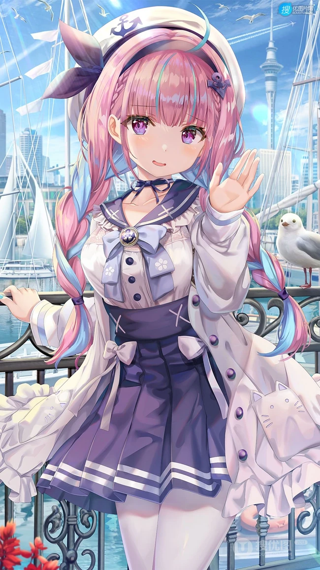 站在城市广场铁栏杆旁边的短裙动漫白丝袜少女高清插画手机壁纸图片