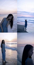 姜贞羽淡蓝色长裙着身海边玩沙戏浪超开心浪漫夏日写真美照