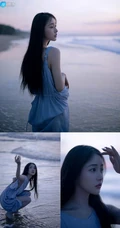 姜贞羽淡蓝色长裙着身海边玩沙戏浪超开心浪漫夏日写真美照
