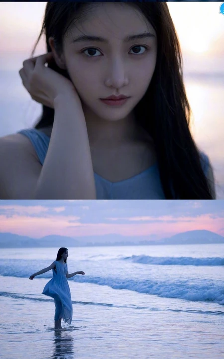 姜贞羽淡蓝色长裙着身海边玩沙戏浪超开心浪漫夏日写真美照