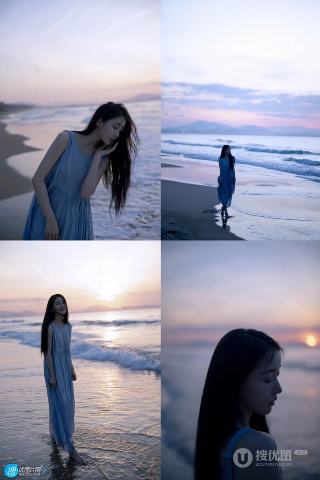 姜贞羽淡蓝色长裙着身海边玩沙戏浪超开心浪漫夏日写真美照