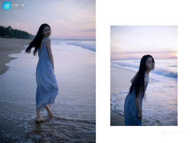 姜贞羽淡蓝色长裙着身海边玩沙戏浪超开心浪漫夏日写真美照