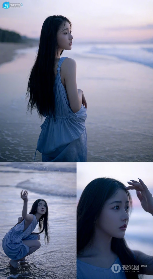 姜贞羽淡蓝色长裙着身海边玩沙戏浪超开心浪漫夏日写真美照