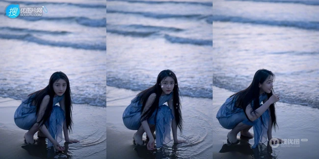 姜贞羽淡蓝色长裙着身海边玩沙戏浪超开心浪漫夏日写真美照