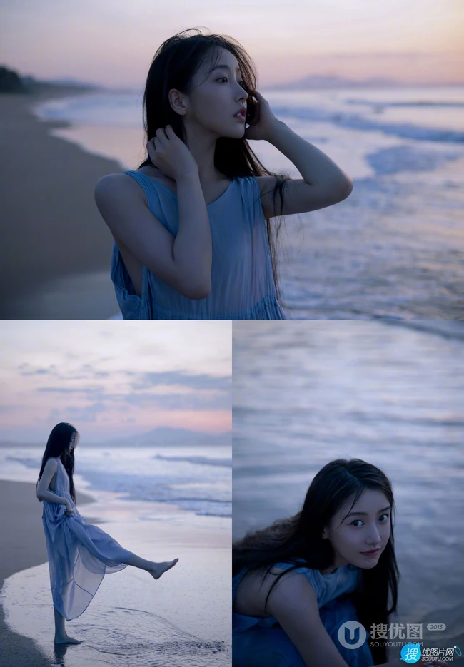 姜贞羽淡蓝色长裙着身海边玩沙戏浪超开心浪漫夏日写真美照