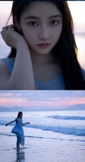 姜贞羽淡蓝色长裙着身海边玩沙戏浪超开心浪漫夏日写真美照