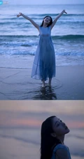 姜贞羽淡蓝色长裙着身海边玩沙戏浪超开心浪漫夏日写真美照