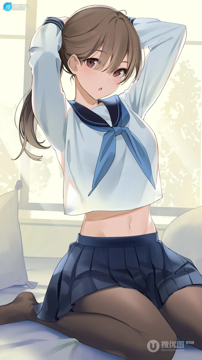 W坐姿的JK制服短裙黑丝袜动漫美女居家床上插画手机壁纸图片