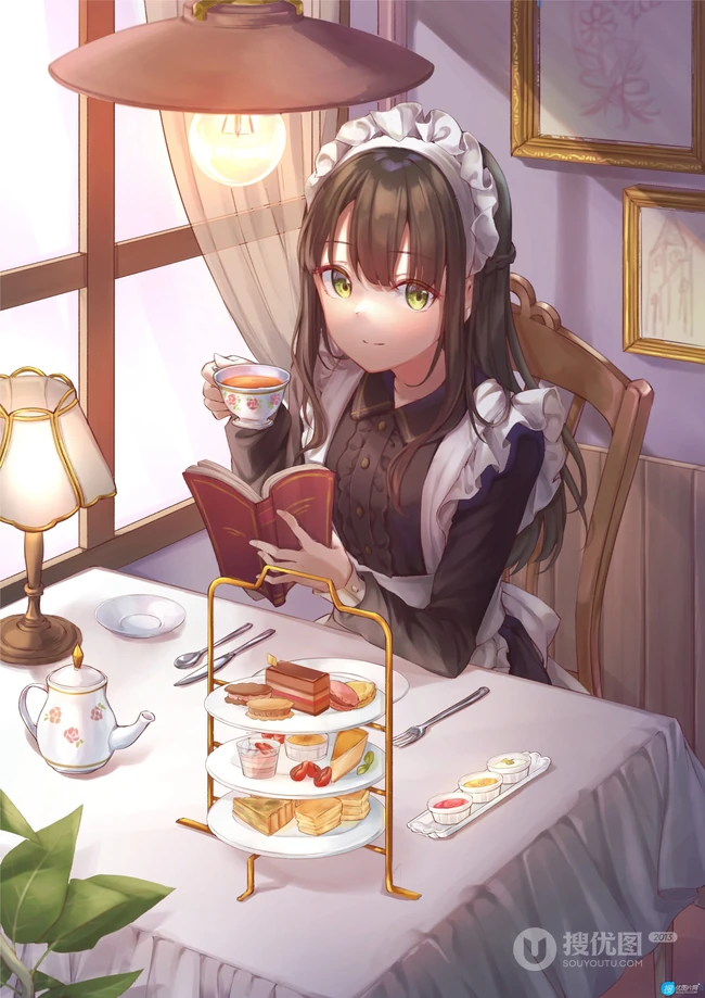 美食当前，怎能不心动，享受美食，下午茶的二次元少女插画图集