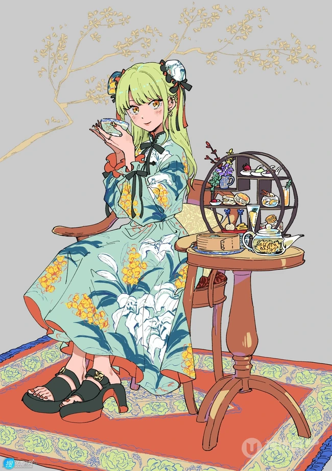 美食当前，怎能不心动，享受美食，下午茶的二次元少女插画图集