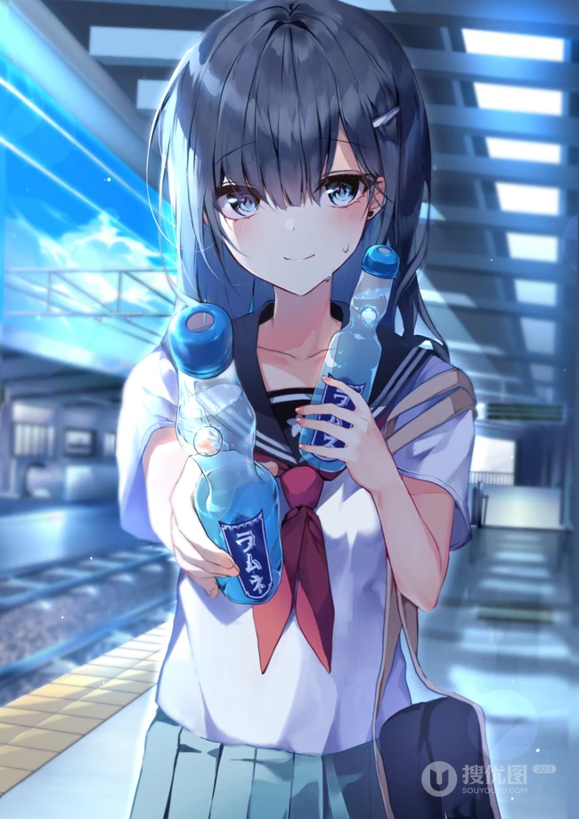 清凉爽口，冰冰凉，喜欢喝弹珠汽水的二次元夏日少女高清插画图集