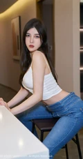 气质时尚女生韩静安最新白色肩带衣搭配蓝色紧身牛仔裤系列高清吸睛柔美写真套图