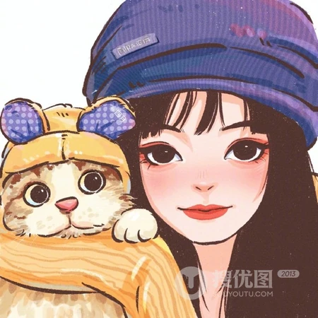 抱着可爱狗狗，或小猫咪的手绘卡通头像女生唯美可爱高清头像图片
