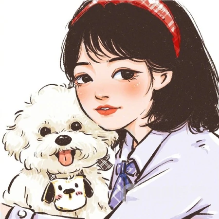 抱着可爱狗狗，或小猫咪的手绘卡通头像女生唯美可爱高清头像图片