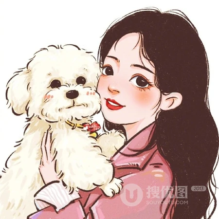 抱着可爱狗狗，或小猫咪的手绘卡通头像女生唯美可爱高清头像图片