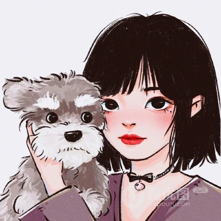 抱着可爱狗狗，或小猫咪的手绘卡通头像女生唯美可爱高清头像图片
