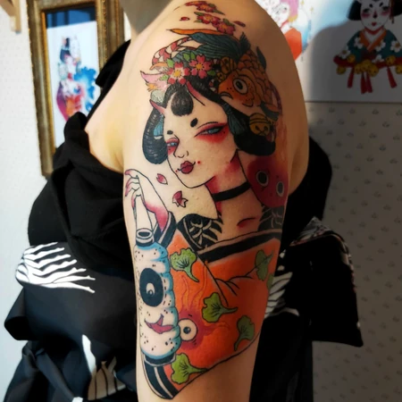 日和风，歌姬彩绘纹身，纹身女生胳膊上的日本歌姬大纹身彩绘图案图片